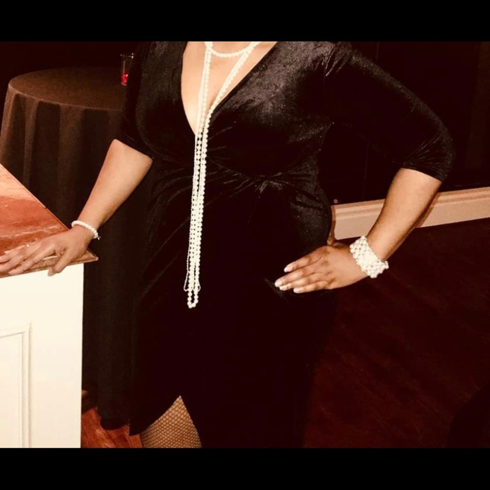 Black Velvet V-neck dress with V-split in front